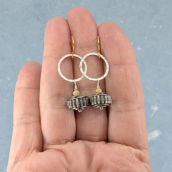 Life is a Wheel Earrings, Grey and Gold 4