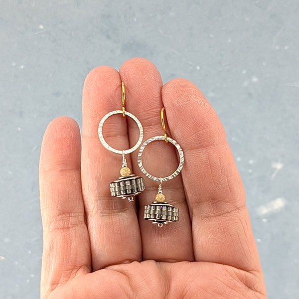 Life is a Wheel Earrings, Grey and Gold 2