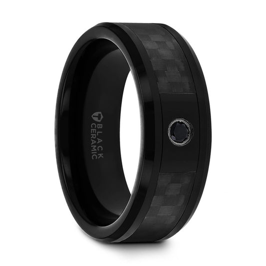 Black Ceramic Ring with Black Diamond Wedding Band and Black Carbon Fiber Inlay