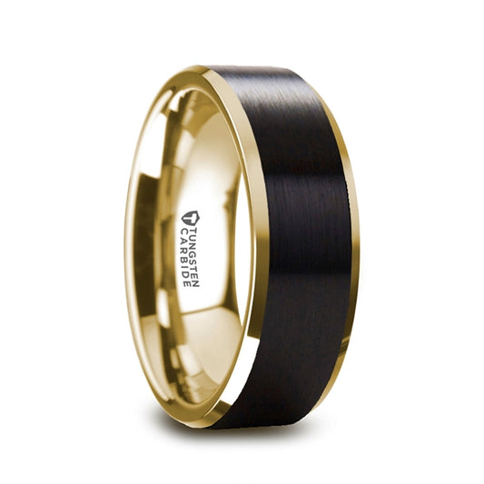 Gold Plated Tungsten Band Ring With Brushed Black Center