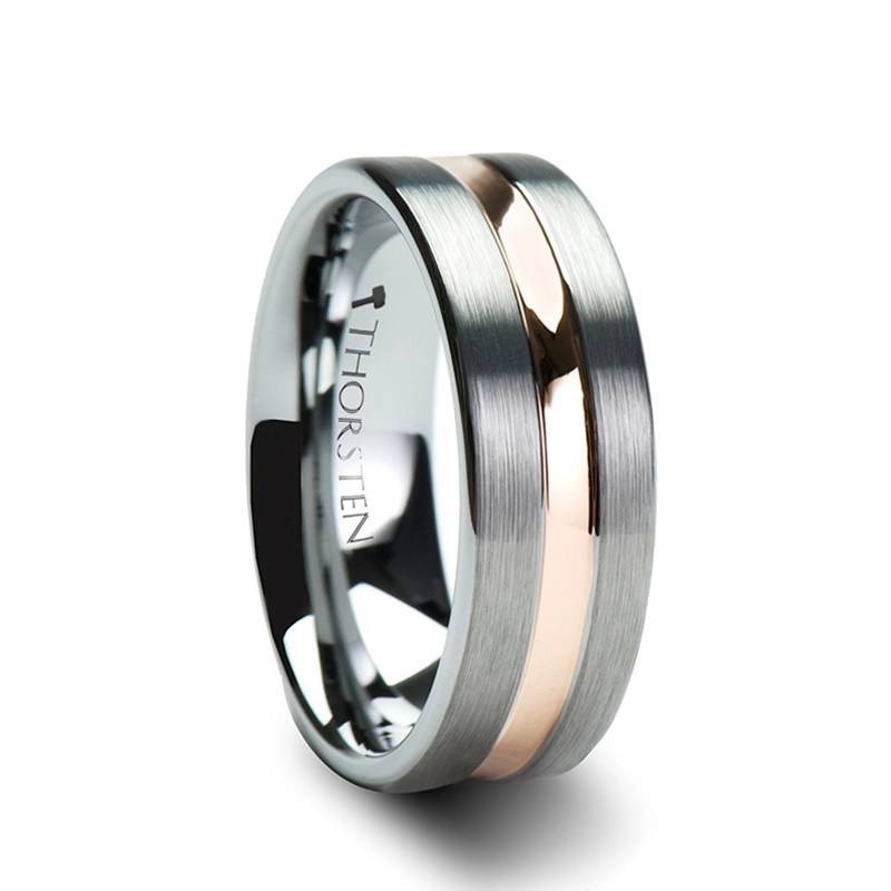 Zeus Pipe Cut Tungsten Band Ring with Rose Gold Plated Groove
