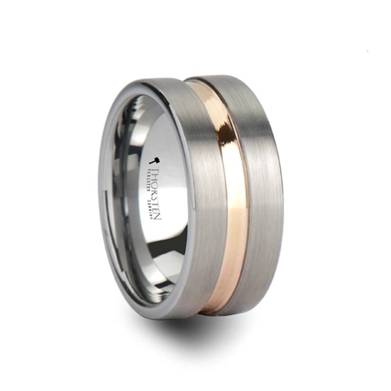 Zeus Pipe Cut Tungsten Band Ring with Rose Gold Plated Groove