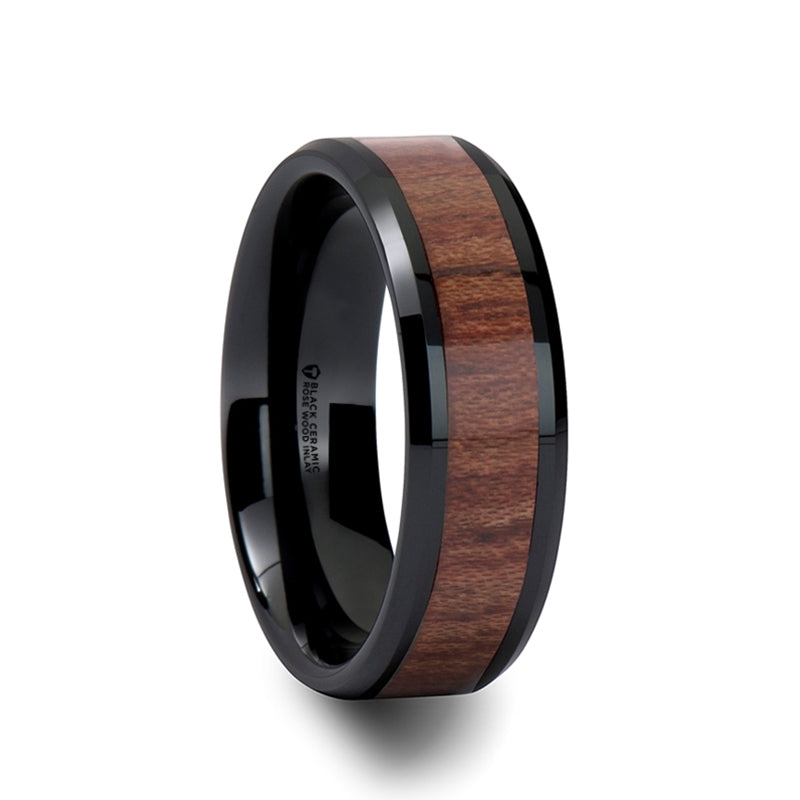 Rosewood Inlay Black Ceramic Carbide Ring