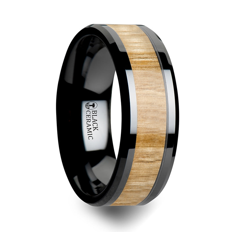 Ash Wood and Black Ceramic Band Ring
