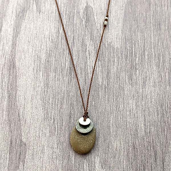 Beach Stone and Blackened Sterling Silver Pendant 1