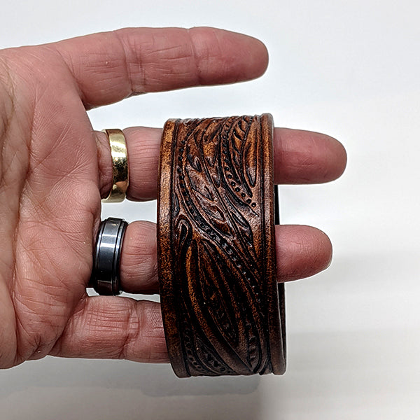 Wide Leather Cuff with Leaf Design