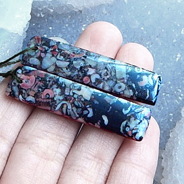 Mottled Black Crinoid Fossil Rectangle Cutstone Pendant 2