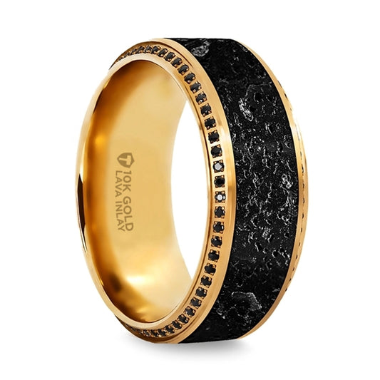 Men's 10k Gold Wedding Band with Lava Inlay and Black Diamonds