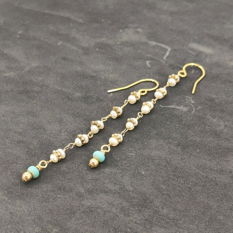 Slender Pearl and Turquoise Earrings 1