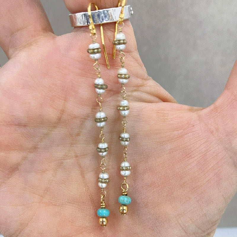 Slender Pearl and Turquoise Earrings 3
