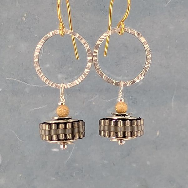 Life is a Wheel Earrings, Grey and Gold