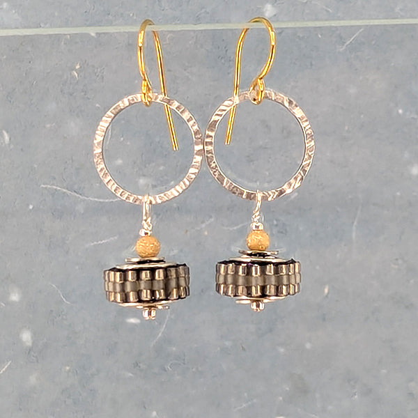 Life is a Wheel Earrings, Grey and Gold