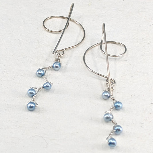 Swirling Vines Earrings, Baby Blue Pearls