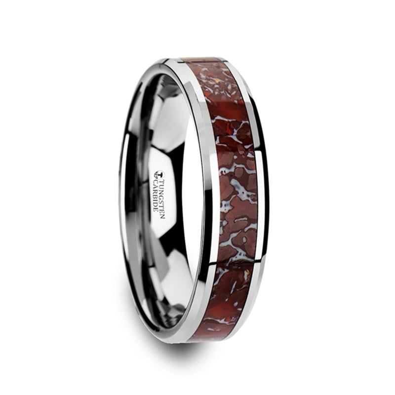 Red Dinosaur Bone and Tungsten Carbide Band Ring