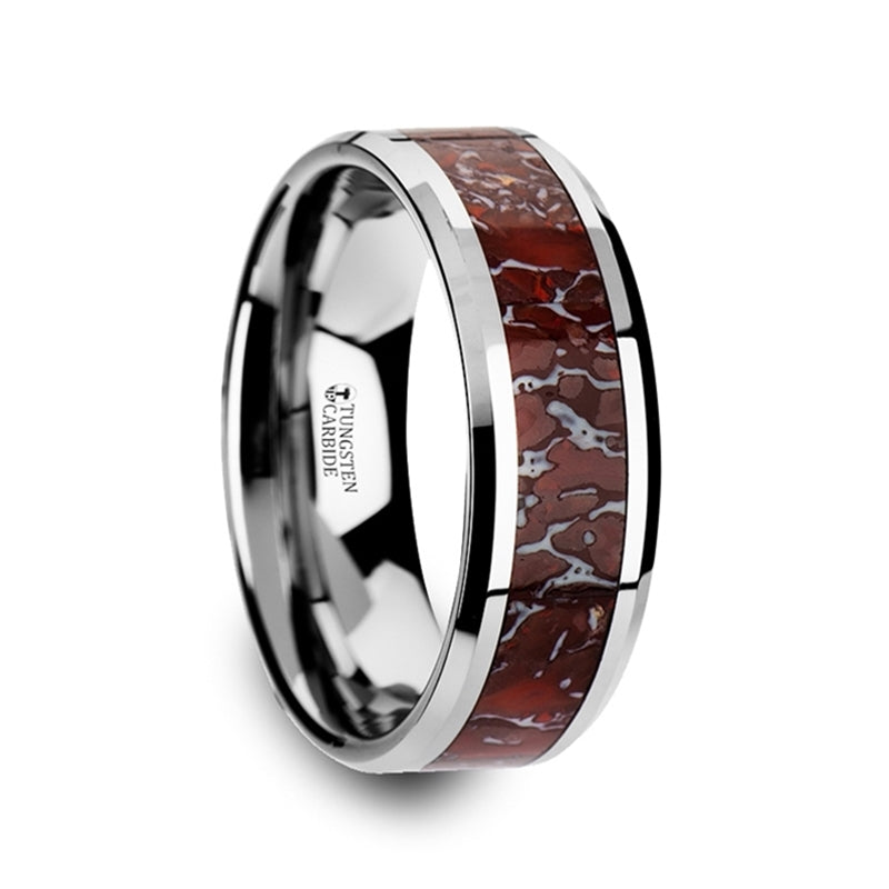 Red Dinosaur Bone and Tungsten Carbide Band Ring