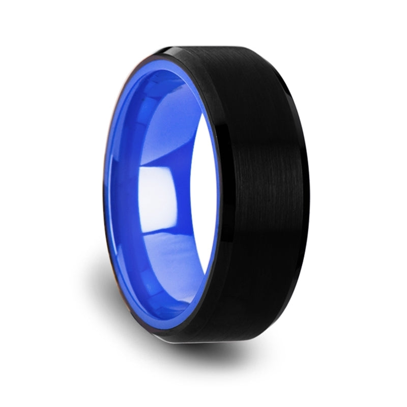 Black Tungsten Ring with BRIGHT Blue interior