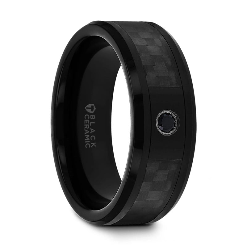 Black Ceramic Ring with Black Diamond Wedding Band and Black Carbon Fiber Inlay