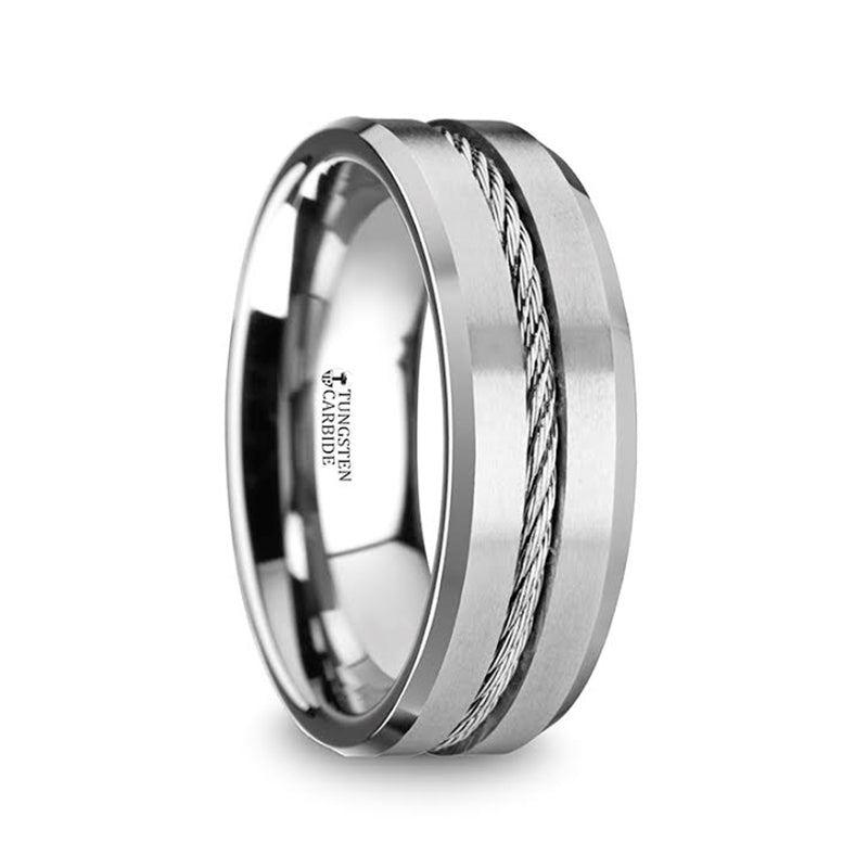 Steel Cable Inlay Silver Tungsten Band