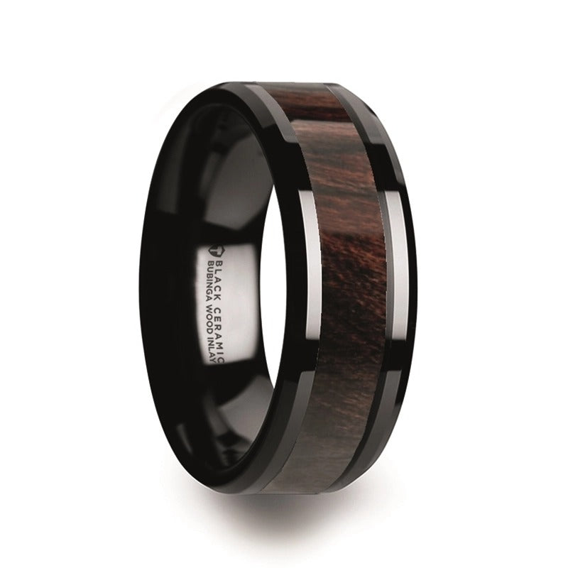 Bubinga Wood and Black Ceramic Band Ring