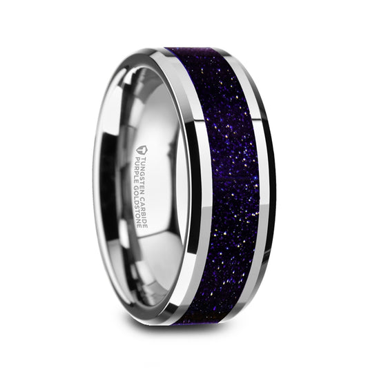 Silver Tungsten Wedding Ring with Purple Goldstone Inlay