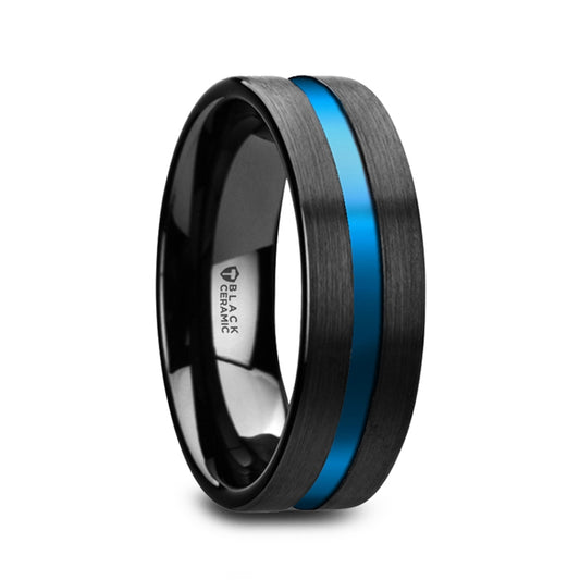Westley Black Ceramic Band Ring with Blue Grooved Center