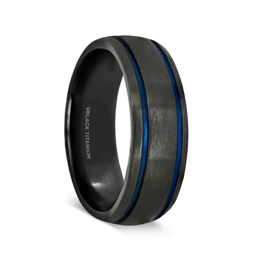 Blue Grooves Black Titanium Wedding Ring