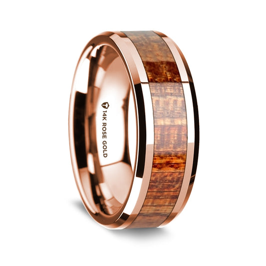 Mahogany and 14k Rose Gold Wood Wedding Band Ring