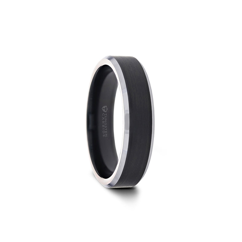 Black Brushed Band Ring with Polished Silver Edges