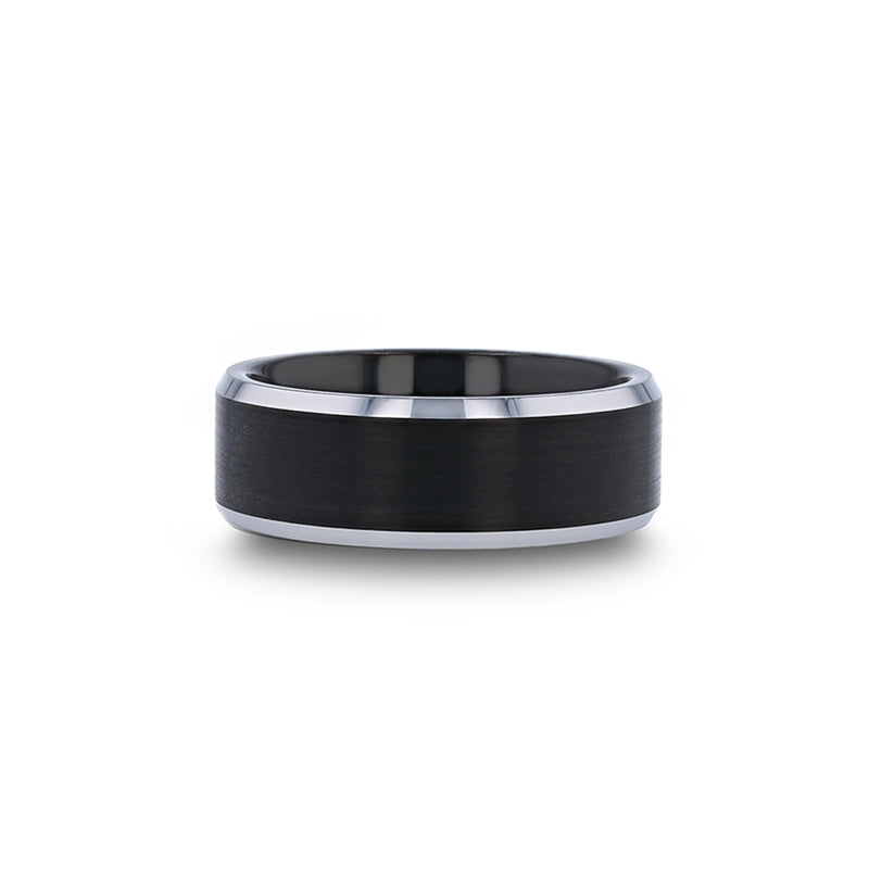 Black Brushed Band Ring with Polished Silver Edges