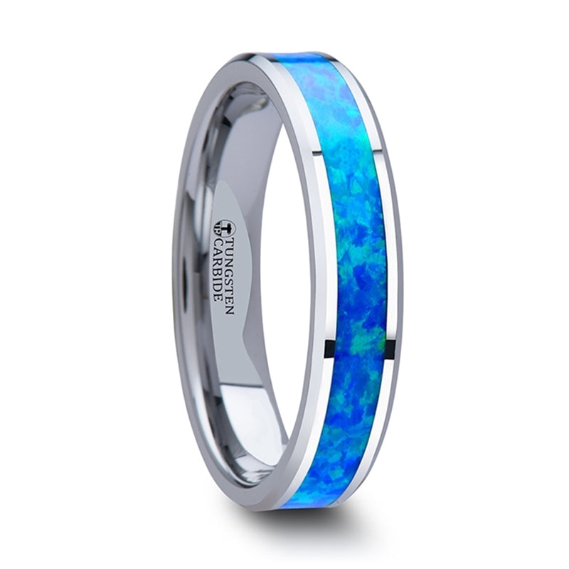 Tungsten Band Ring with Blue Green Opal Inlay