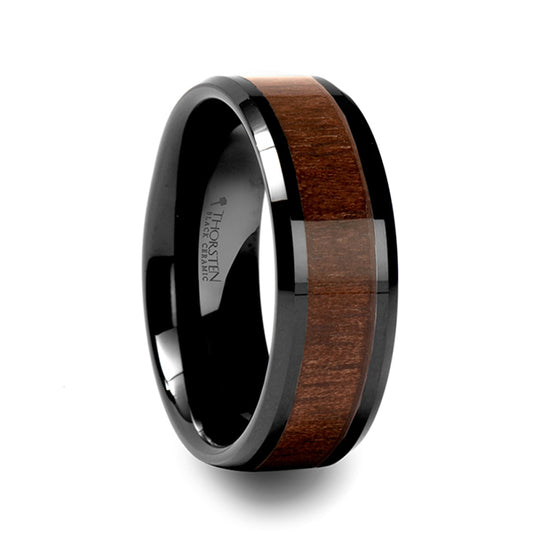 Yukon Beveled Black Ceramic Ring with Walnut Wood Inlay