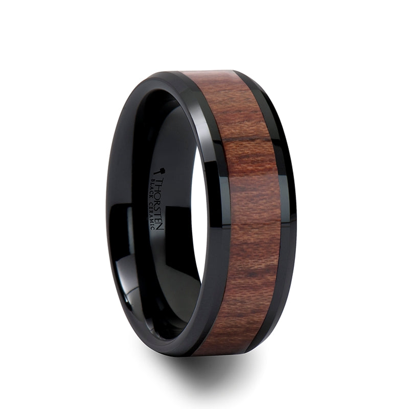 Rosewood Inlay Black Ceramic Carbide Ring