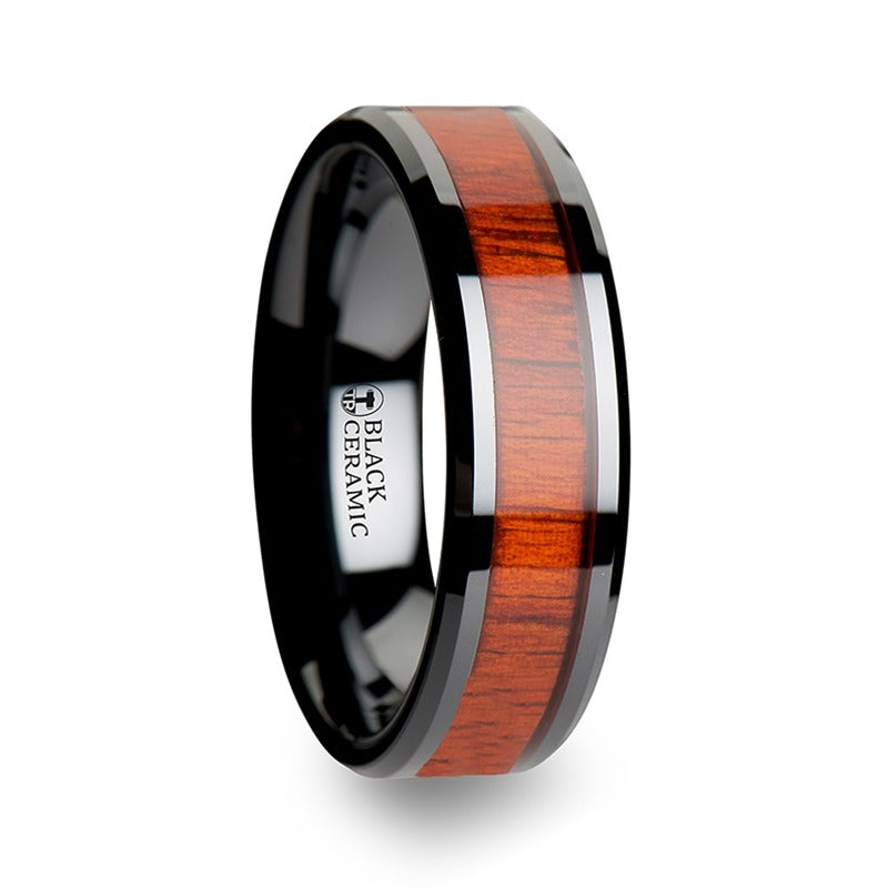 Paduak Wood and Black Ceramic Band Ring