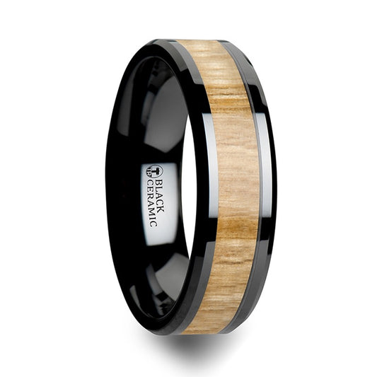 Ash Wood and Black Ceramic Band Ring