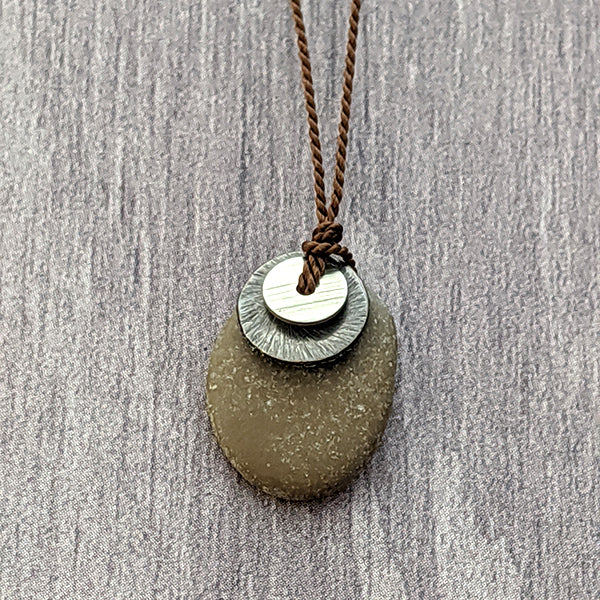 Beach Stone and Blackened Sterling Silver Pendant