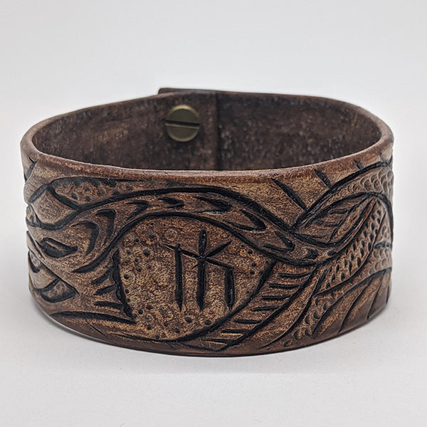 Wide Leather Cuff with Dragon Design and Runic Symbol