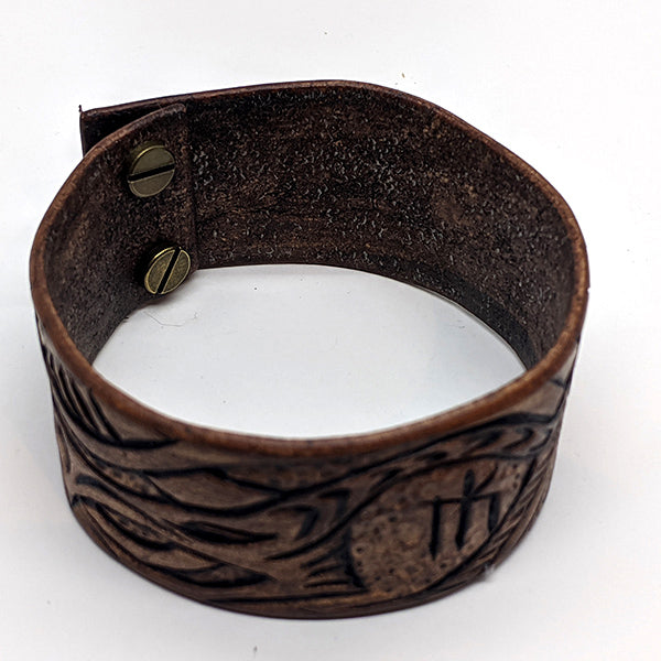 Wide Leather Cuff with Dragon Design and Runic Symbol