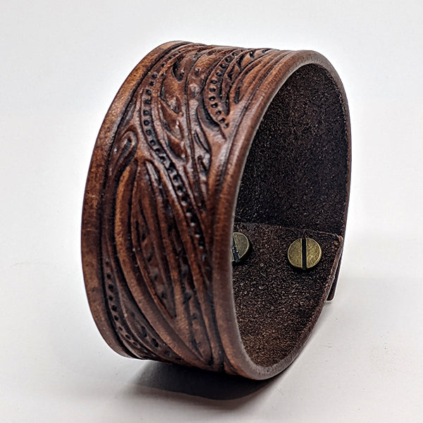 Wide Leather Cuff with Leaf Design