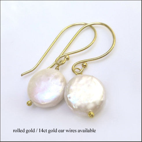 White Coin Pearl Drop Earrings , Earrings - No Roses Mad Pearls, No Roses Jewelry Artisan Jewelry Los Angeles - 1
