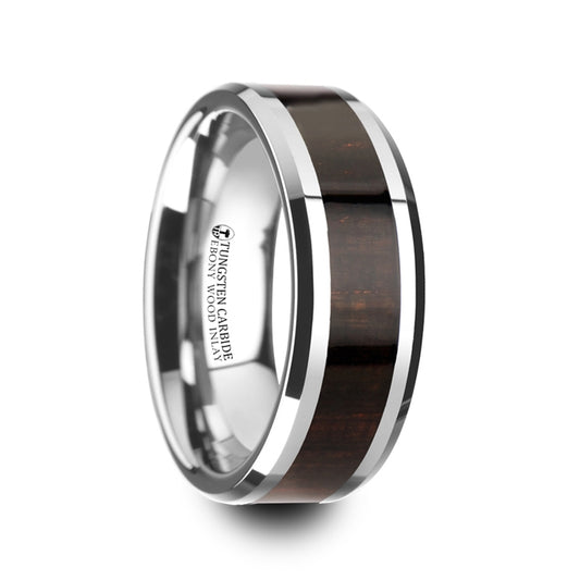 Silver Tungsten Carbide Ring with Ebony Wood Inlay